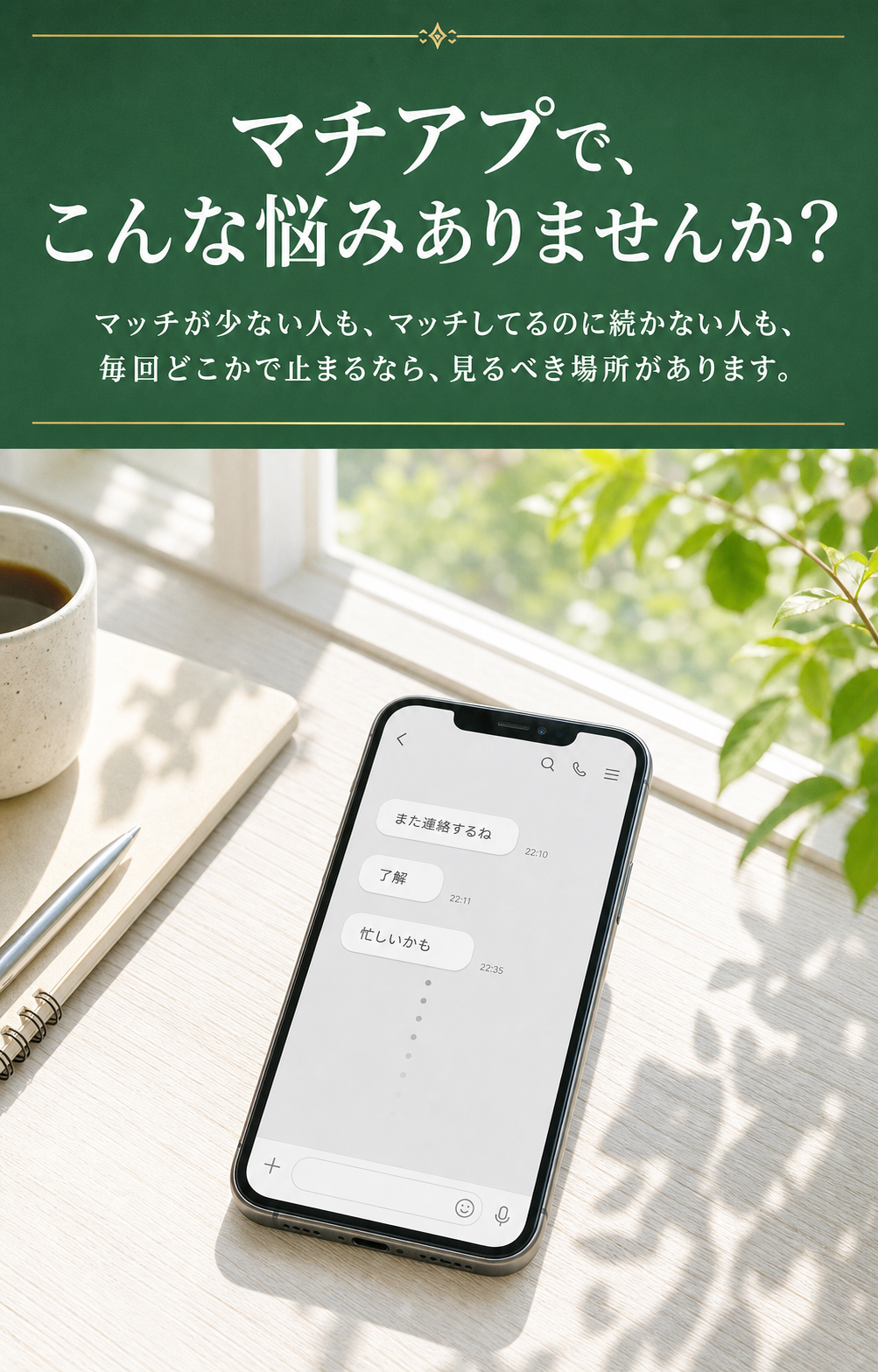 マチアプで、こんな悩みありませんか？ マッチが少ない人も、マッチしてるのに続かない人も、毎回どこかで止まるなら、見るべき場所があります。
