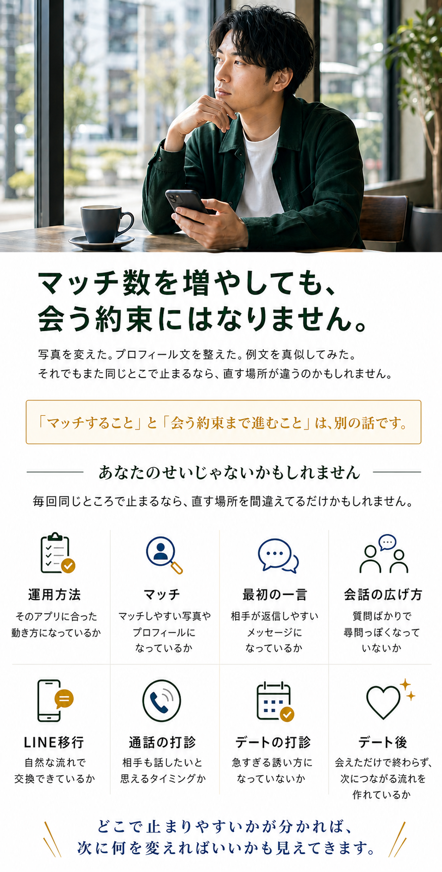 マッチ数を増やしても、会う約束にはなりません。マッチすることと会う約束まで進むことは別の話。あなたのせいじゃないかもしれません。運用方法・マッチ・最初の一言・会話の広げ方・LINE移行・通話の打診・デートの打診・デート後、どこで止まりやすいかが分かれば次に変えることも見えてきます。